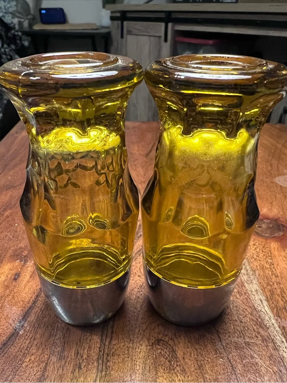 Vintage Amber Glass Salt & Pepper Shakers Silver Tone MCM
